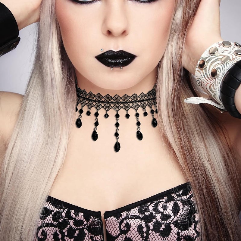 mintolex Gothic Black Choker Necklace for Women Adjustable Vintage Goth Velvet Lace Collar Crystal Pendent Necklace Halloween Cosplay Party Prom Costume Jewelry Accessories - Image 4